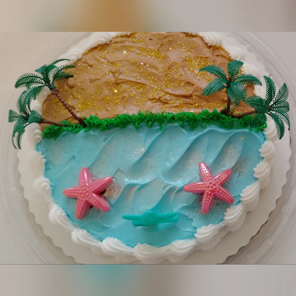 🆕Beach Theme Cake Topper Set with🩷Pink Starfishs &🌴Palm Trees, plus Carrier.